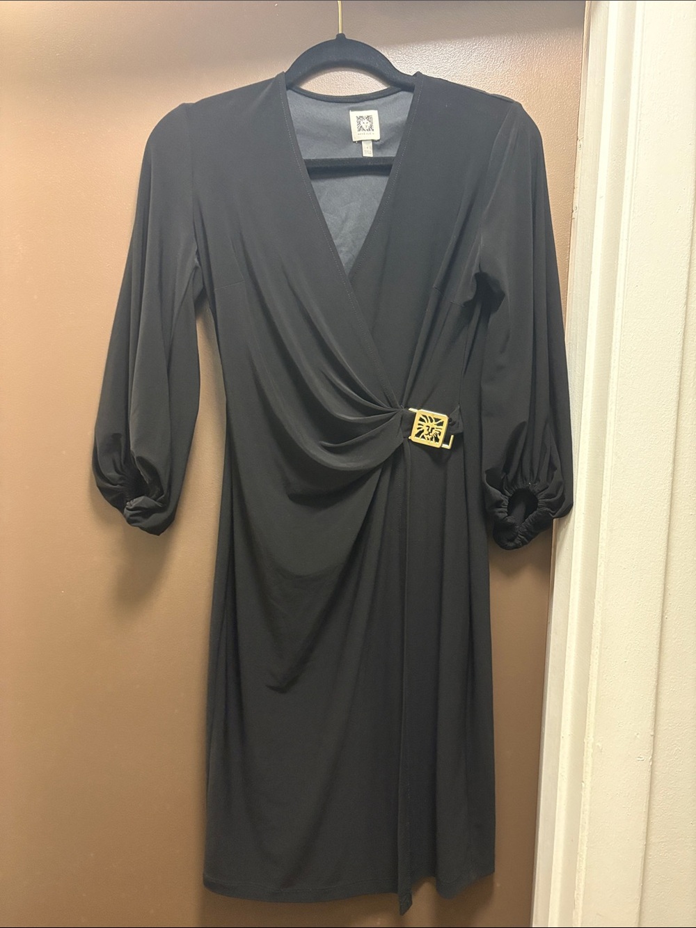 Anne Klein Black Wrap Midi Dress with Gold Buckle